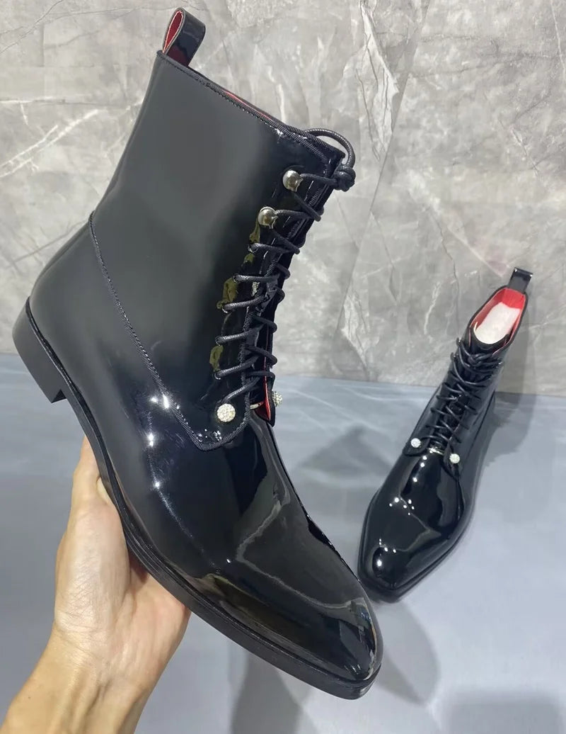 BRITISH NOIR - Men's Waterproof Patent Leather Lace-Up Boots - Handmade, Round Toe, Winter