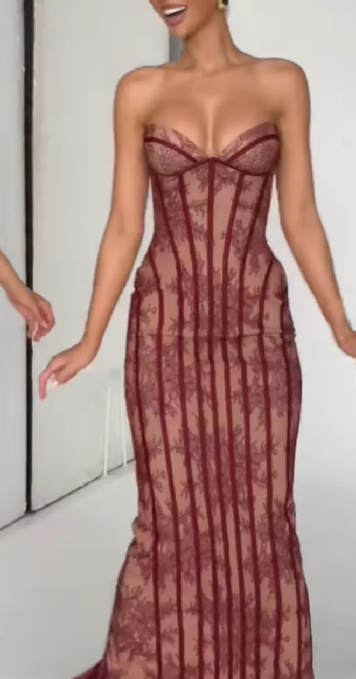 2026 Chic Gauze Fishbone Night Party Gown Elegant Off-shoulder Strapless Short Dress Women Lace Embroidery Shaping Maxi Vestidos