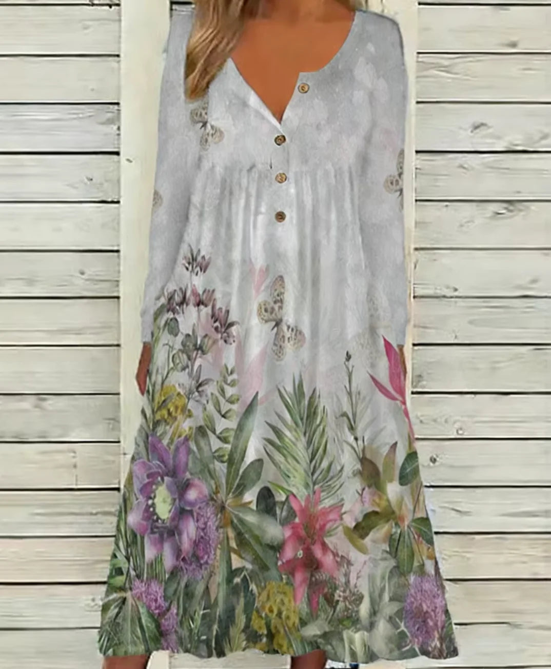 2026 Fall & Winter New Arrival Women's V-Neck Button Long Sleeve Dress Floral Print Loose Casual Midi Dress