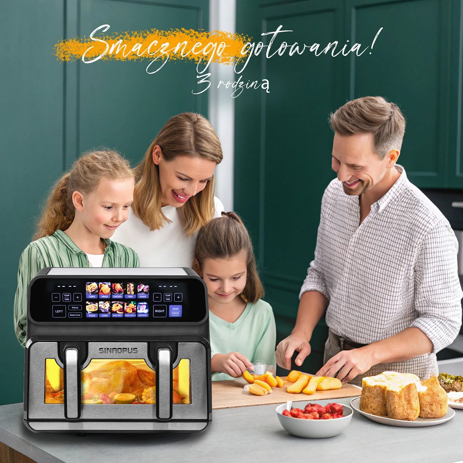 Sinaopus Air Fryer 9L XXL Dual Chamber - 2200W, LED Touch