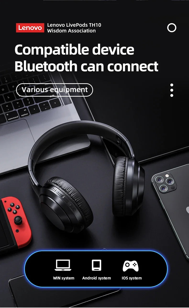 Lenovo TH10 Wireless Headphones Over-Ear Stereo Bluetooth Headset