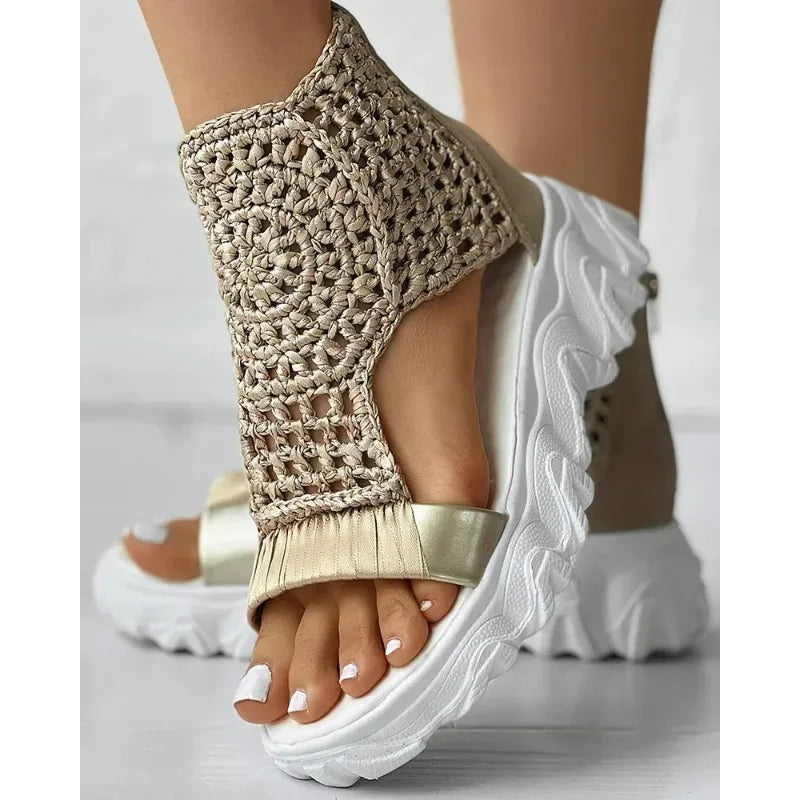 Hot Seller Gold Knitted Sandals for Women Braided Elastic Summer Shoe Mesh Flat Bottom Hollow Out Female Sandals Sandalias Mujer