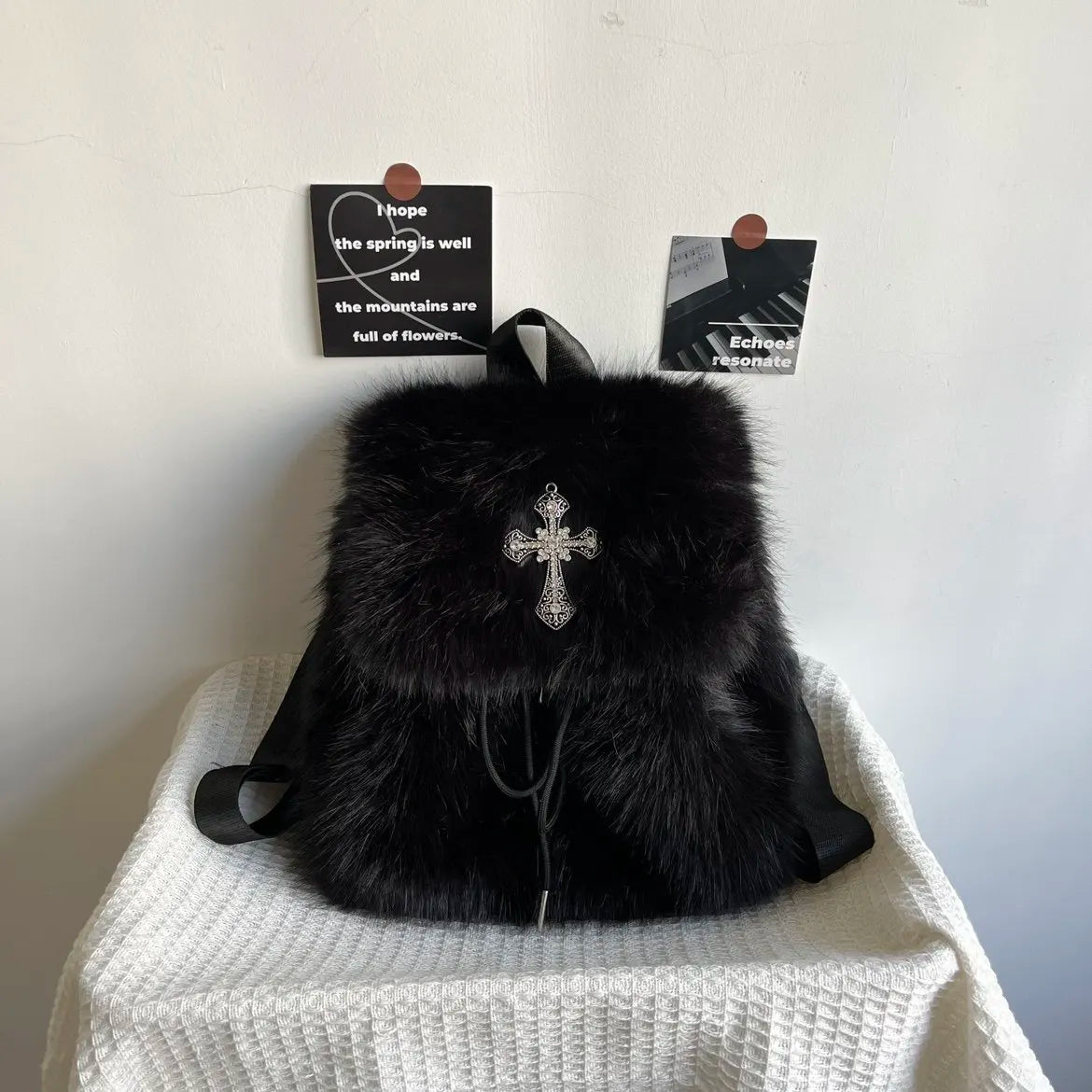 Black Plush Backpack Y2K Gothic Cross Fluffy Fur Backpack
