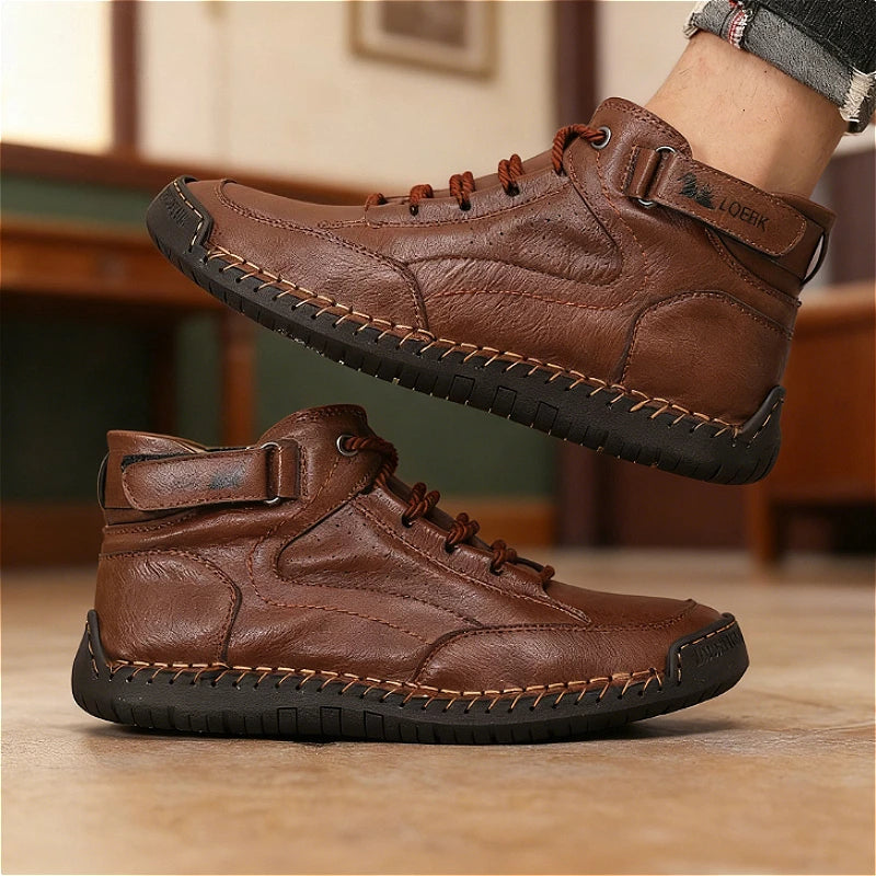 Men's Casual Leather Walking Shoes - Hook & Loop Slip-On Outdoor Driving Shoes