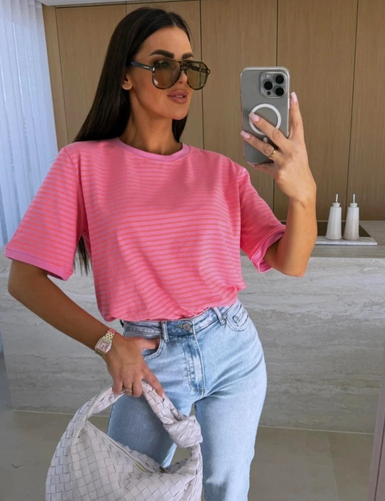 Women Striped Short Sleeve T Shirt Casual Loose Fit Summer Top for Everyday Wear