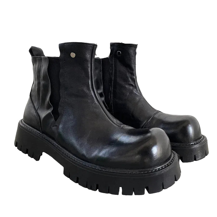 Men's Genuine Cowhide Chelsea Boots - Slip-On Round Toe Metal Detail Medium Heel