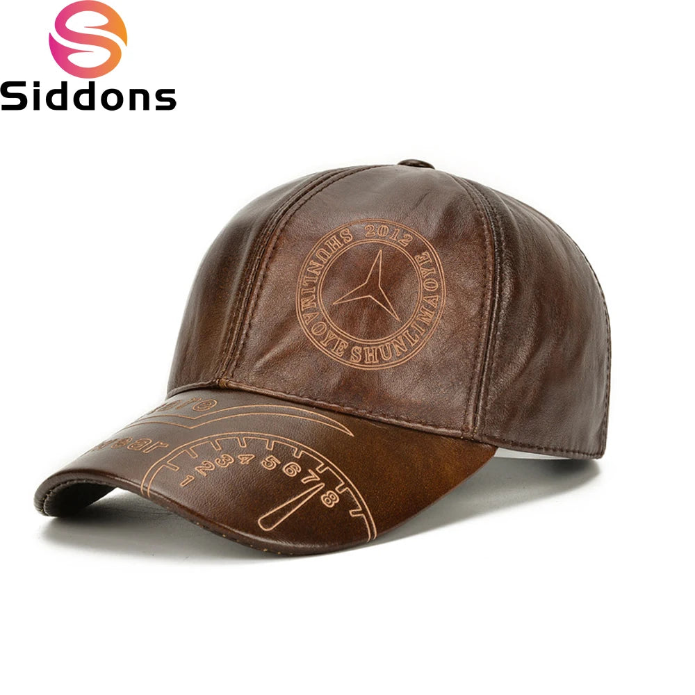 COWHIDE LEATHER BASEBALL CAP - Men's Genuine Leather Hat with Ear Protection Adjustable - Brown / Coffee
