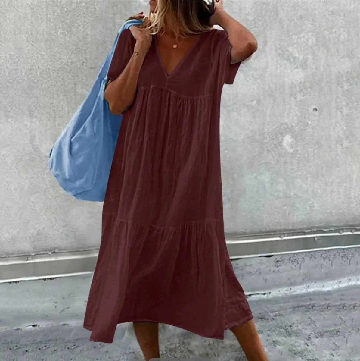 2025 New Women's Long Skirt Cotton Linen Short Sleeve O-neck Loose Solid Color Fashion Simple Vacation Pink Dress
