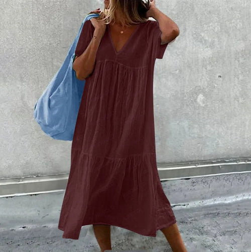 2025 New Women's Long Skirt Cotton Linen Short Sleeve O-neck Loose Solid Color Fashion Simple Vacation Pink Dress