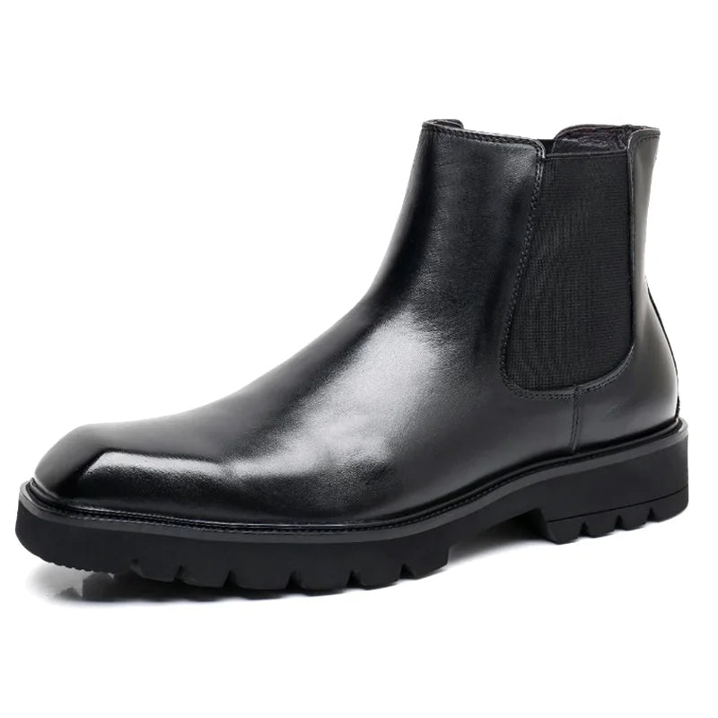 SQUARE BRIT - Men's Genuine Leather Chelsea Boots - Square Toe, High-Top, Thick Sole