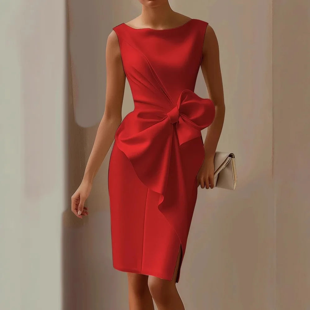 Elegant Solid Bow Dress For Women Fashion Sleeveless O Neck Slim Package Hip Dresses Lady Formal Evening Party Women's Clothing