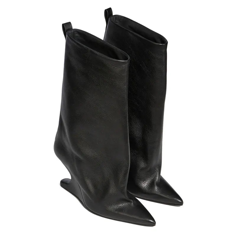 European andAmerican niche newstyle irregular sloping heel pointed sleeve legboots for women's temperament versatile knightboots