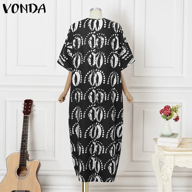 Plus Size 5XL VONDA Women Vintage Dress Bohemian Print Maxi Vetido Party 3/4 Sleeve Patchwork Robe V-Neck Casual Loose Sundress