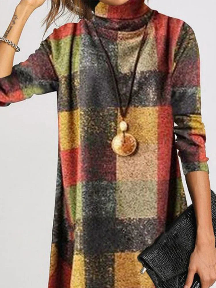 Vintage High Neck Long Sleeve Dresses Plaid Thick French Style Elegant Office Commuting Cashwool Frock Ladies Dress Costume