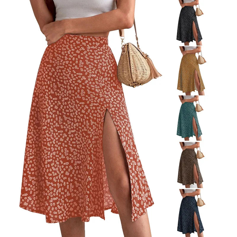 Spring and Summer New Women's Versatile Floral Zipper Split A-Line Skirt