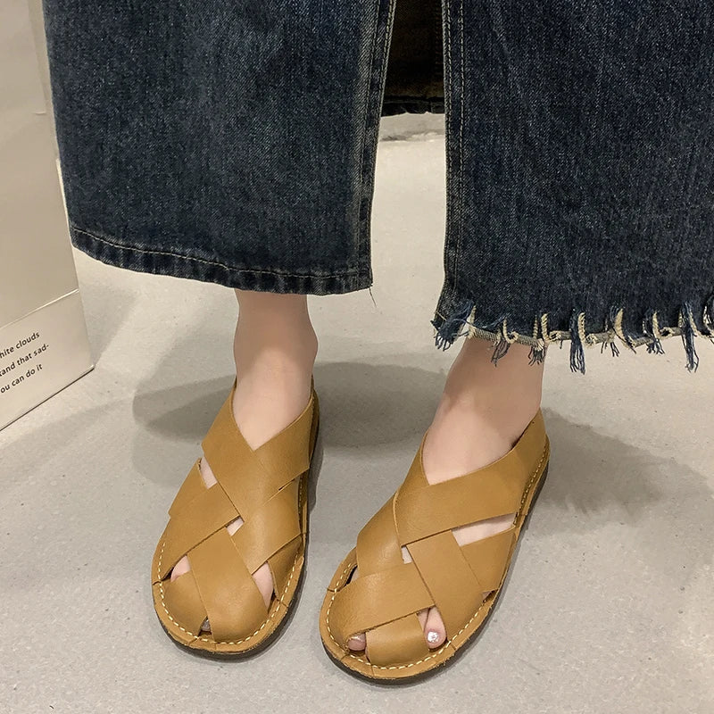 2024 Leather Women's Sandals Top Layer Cowhide Handmade Woven Women's Casual Flats Retro Mori Girl Shoes