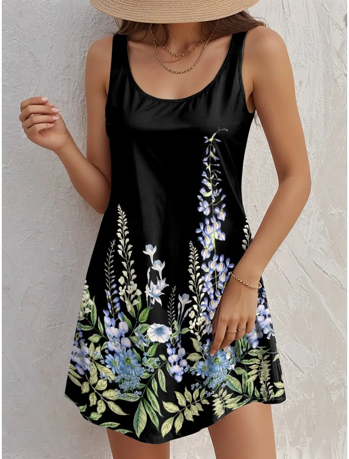 Women's Sleeveless Crew Neck Tank Mini Dress, Cute Floral Print, Loose Casual Summer Vacation Daily Dress
