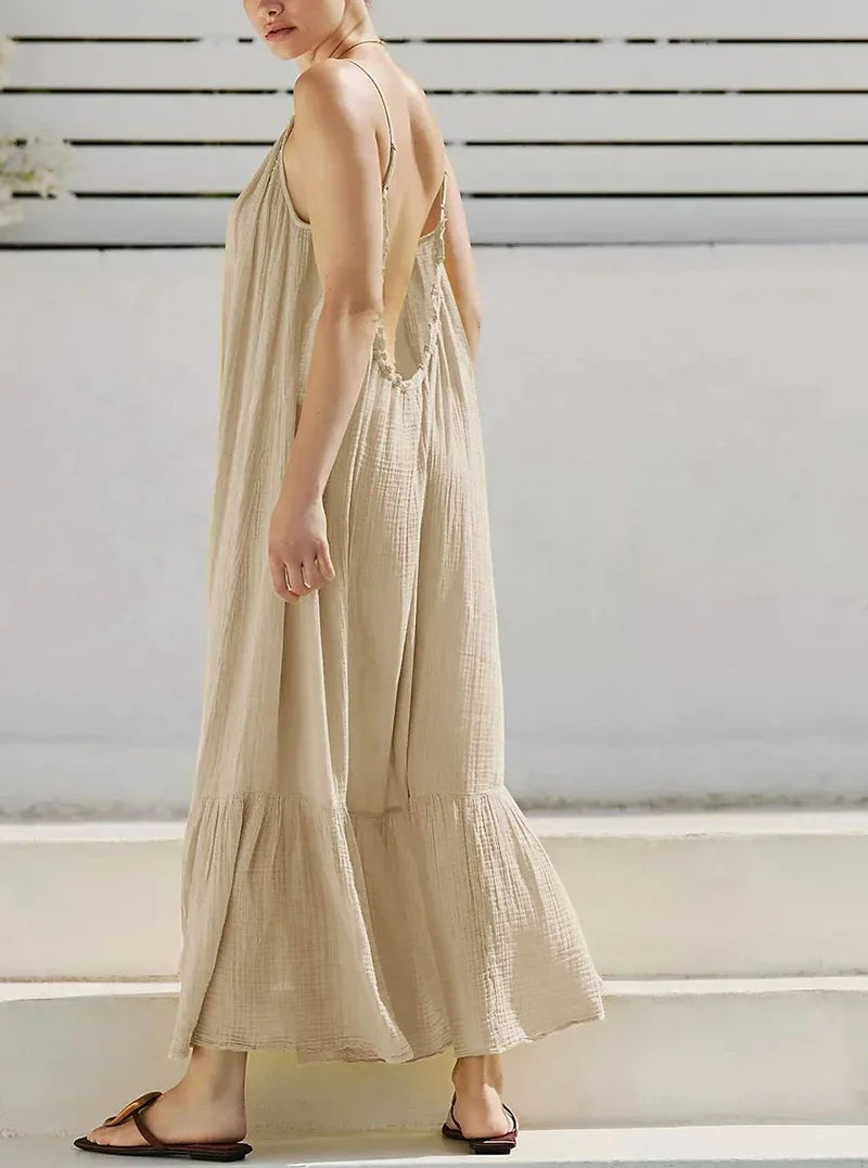 Vacation Spaghetti Strap Backless Maxi Dress for Women, Ruffle Hem Loose Crinkled Cotton Summer Beach Cami Sundress