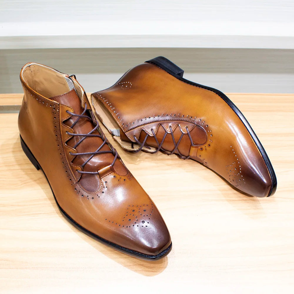 Genuine Leather Ankle Boots - Lace Up Zip British Style Dress Oxford Pointed Toe