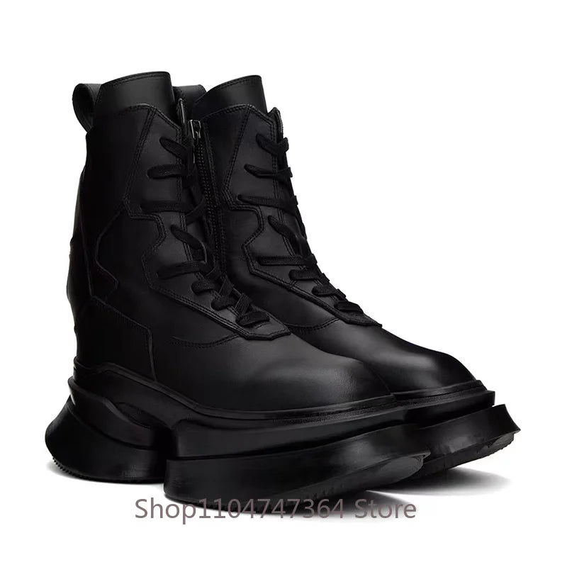 Street Fashion Motorcycle Ankle Boots - Genuine Leather Thick Sole High Heel Lace-Up