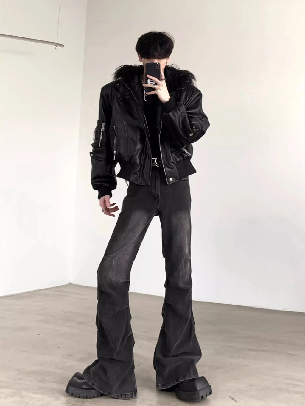 FUR HOOD PU - Men's Short Oversized PU Leather Jacket with Faux Fur Hood - Black, XS–XL