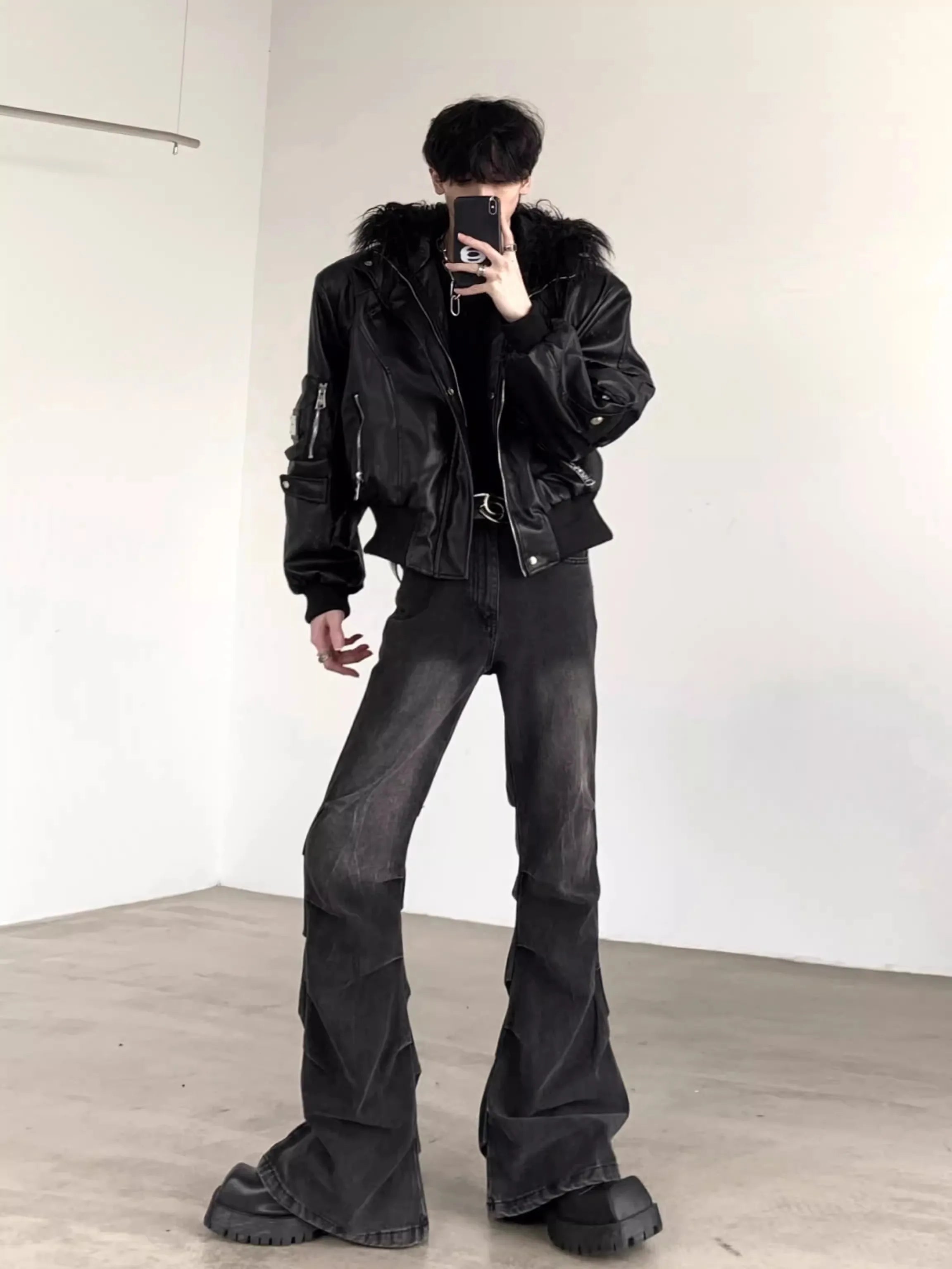 FUR HOOD PU - Men's Short Oversized PU Leather Jacket with Faux Fur Hood - Black, XS–XL