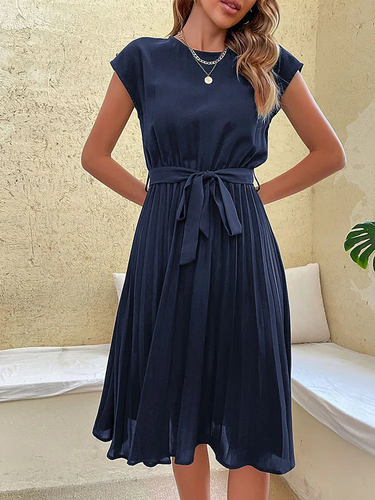 Elegant Women's Summer Casual Beach Sundress Short Sleeve Pleated Midi Dress Solid Colour O Neck Tunic Dresses Fashion