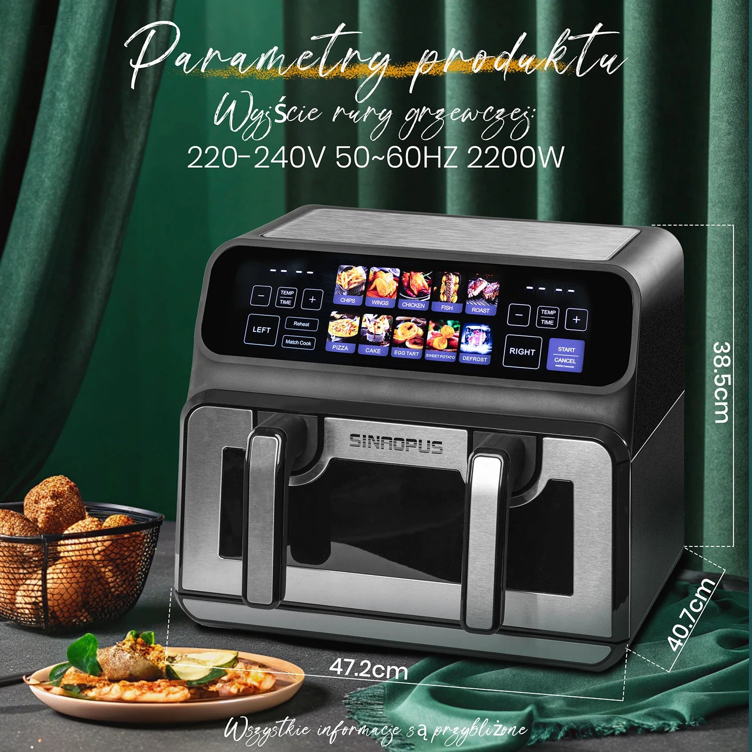 Sinaopus Air Fryer 9L XXL Dual Chamber - 2200W, LED Touch