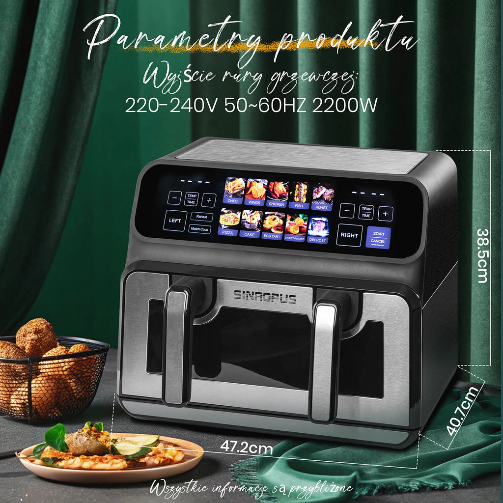 Sinaopus Air Fryer 9L XXL Dual Chamber - 2200W, LED Touch