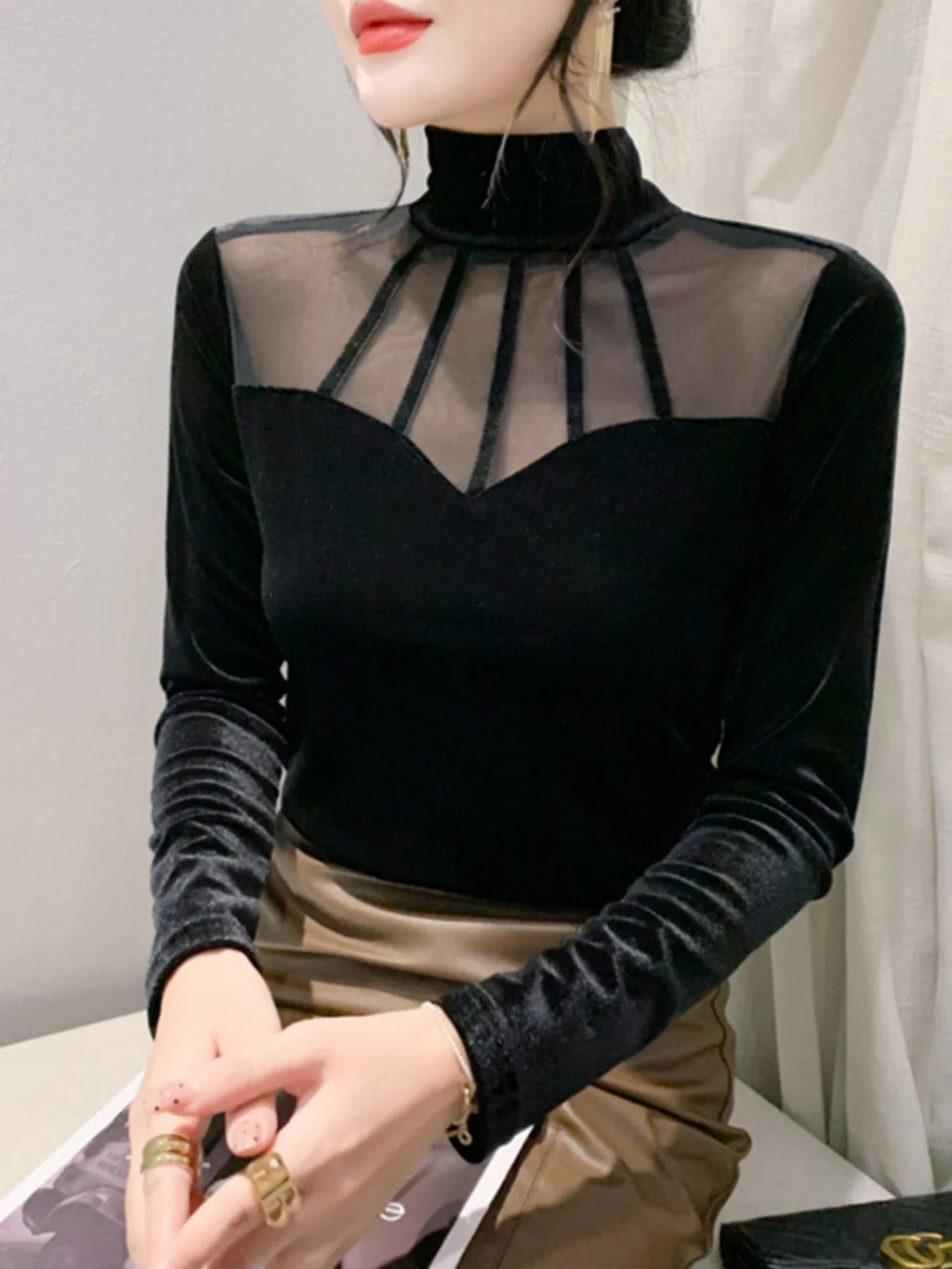Velvet Mesh Turtleneck Top - Long Sleeve Slim Fit Elegant