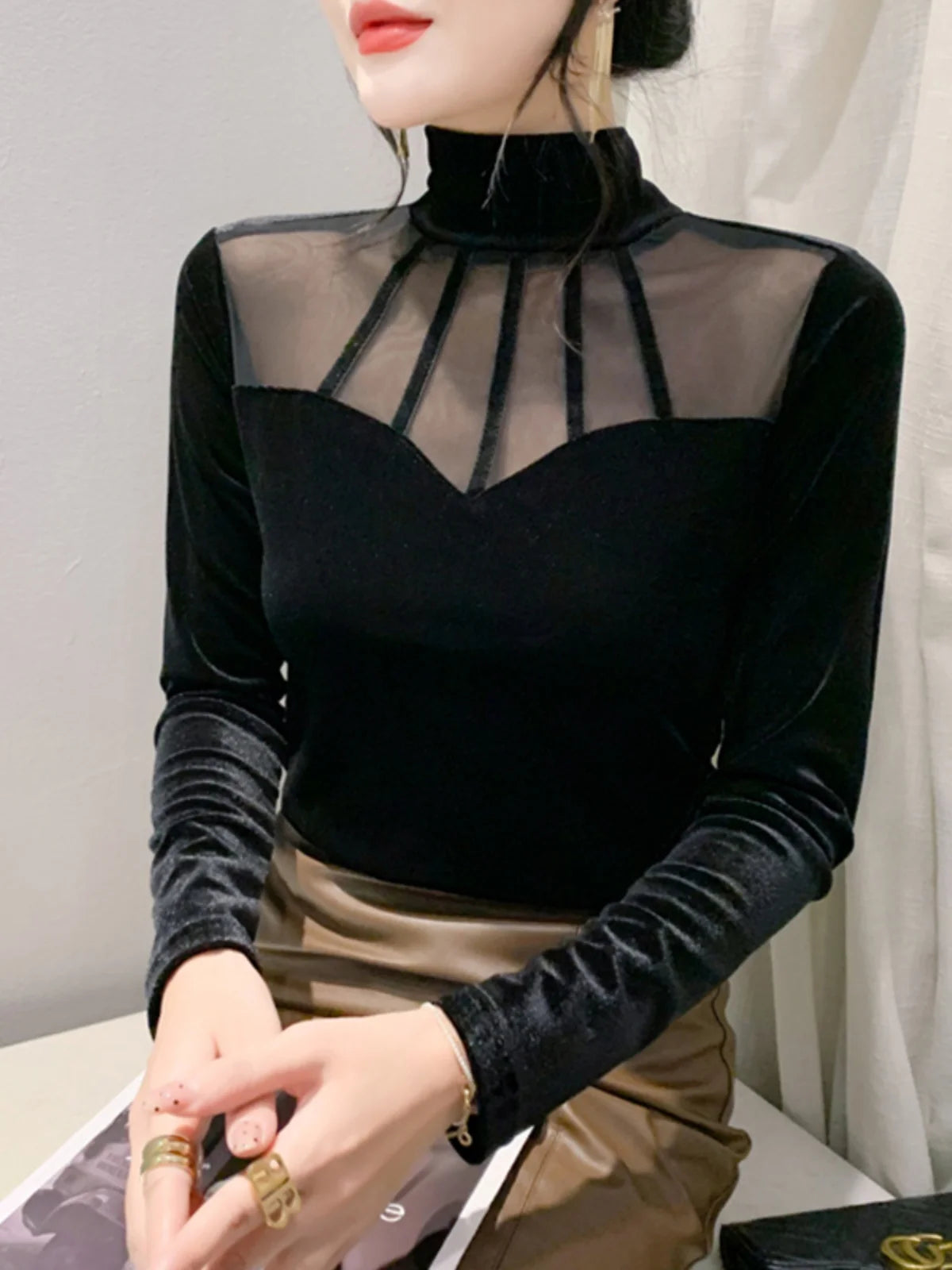 Velvet Mesh Turtleneck Top - Long Sleeve Slim Fit Elegant