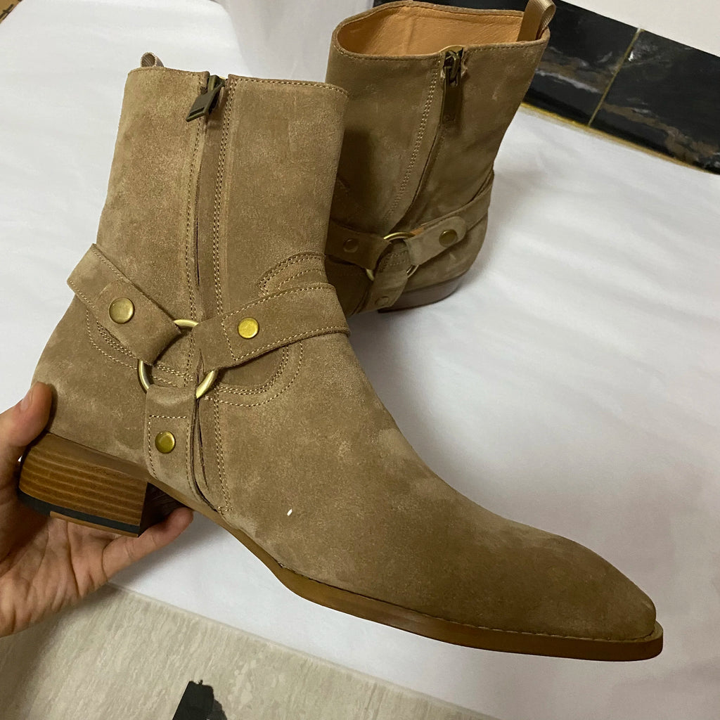 BEIGE SUEDE CHELSEA BOOTS - Men's Handmade Cow Suede Buckle Strap Catwalk Wedge - Luxury Style