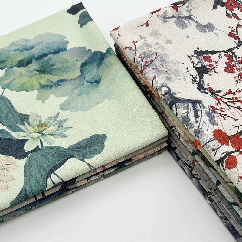 0.5m/1m/2m Encrypted Cotton Linen Retro Chinese Ink Style Fabric for Decorative Cloth, Tablecloths, Curtains, Handmade DIY Fabric