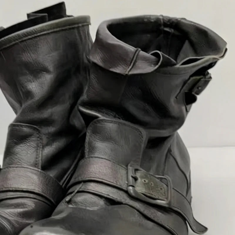 Urban Combat Boots - Buckle Strap Round Toe Low Heel Minimalist Street Style