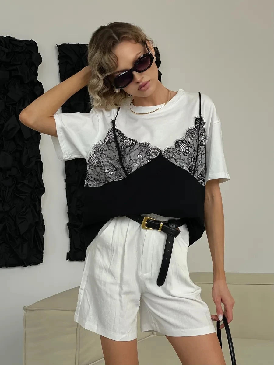 Hirsionsan Elegant Cotton T Shirt Women 2026 Summer Oversized Tee Casual Loose Lace Patchwork Tshirt Chic Vintage Female Tops