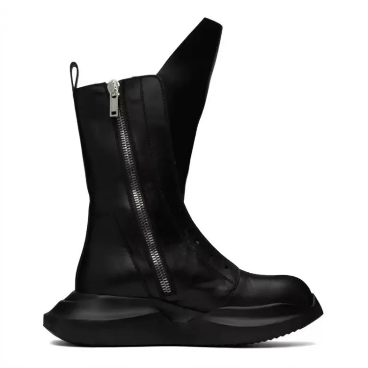 Men's Gothic Platform Mid-Calf Boots - Handmade Genuine Leather Zip Moto Dark Luxury