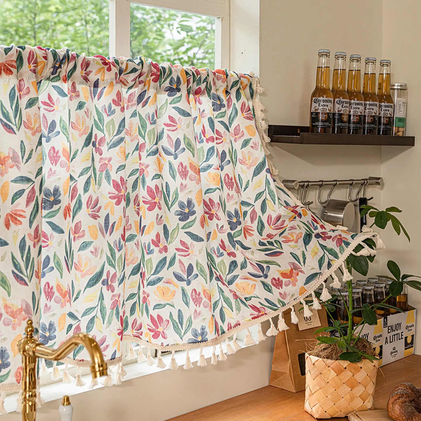 1pc Floral Print Short Curtain, Cotton Linen Semi-Sheer Coffee Curtains, Half Light Blocking Kitchen Decorative Curtains