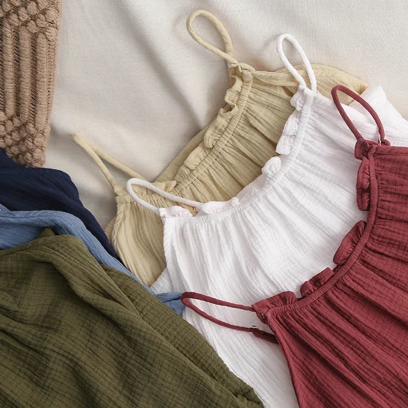 Vacation Spaghetti Strap Backless Maxi Dress for Women, Ruffle Hem Loose Crinkled Cotton Summer Beach Cami Sundress