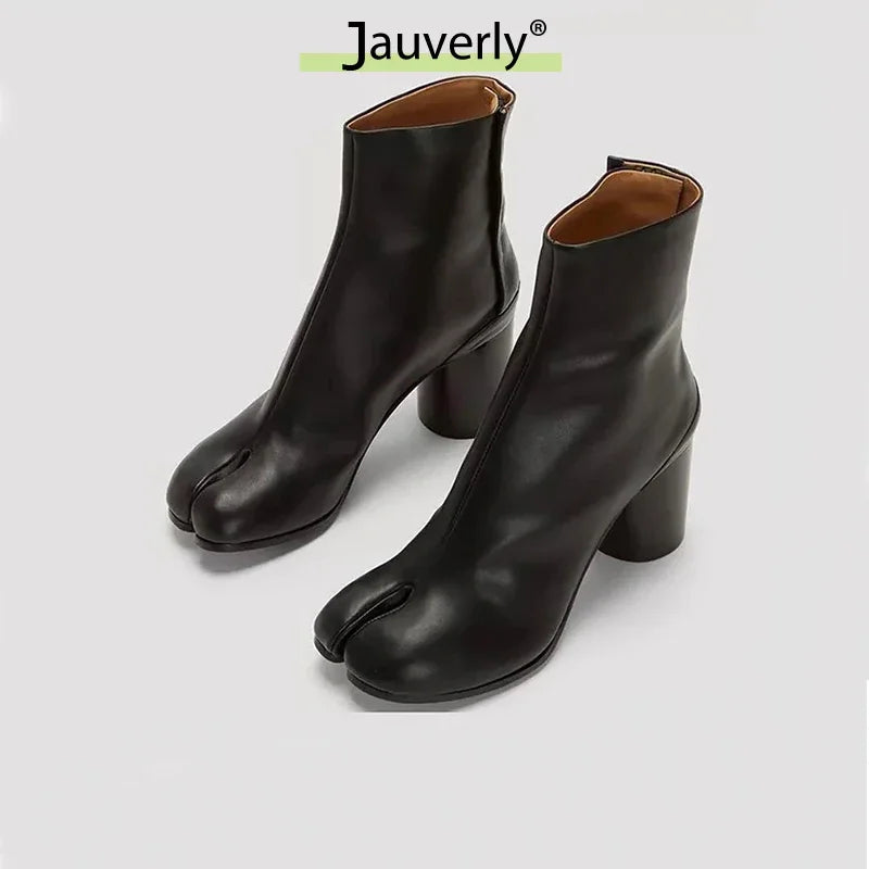 Leather Tabi Boots – Split Toe Chunky Heel Ankle