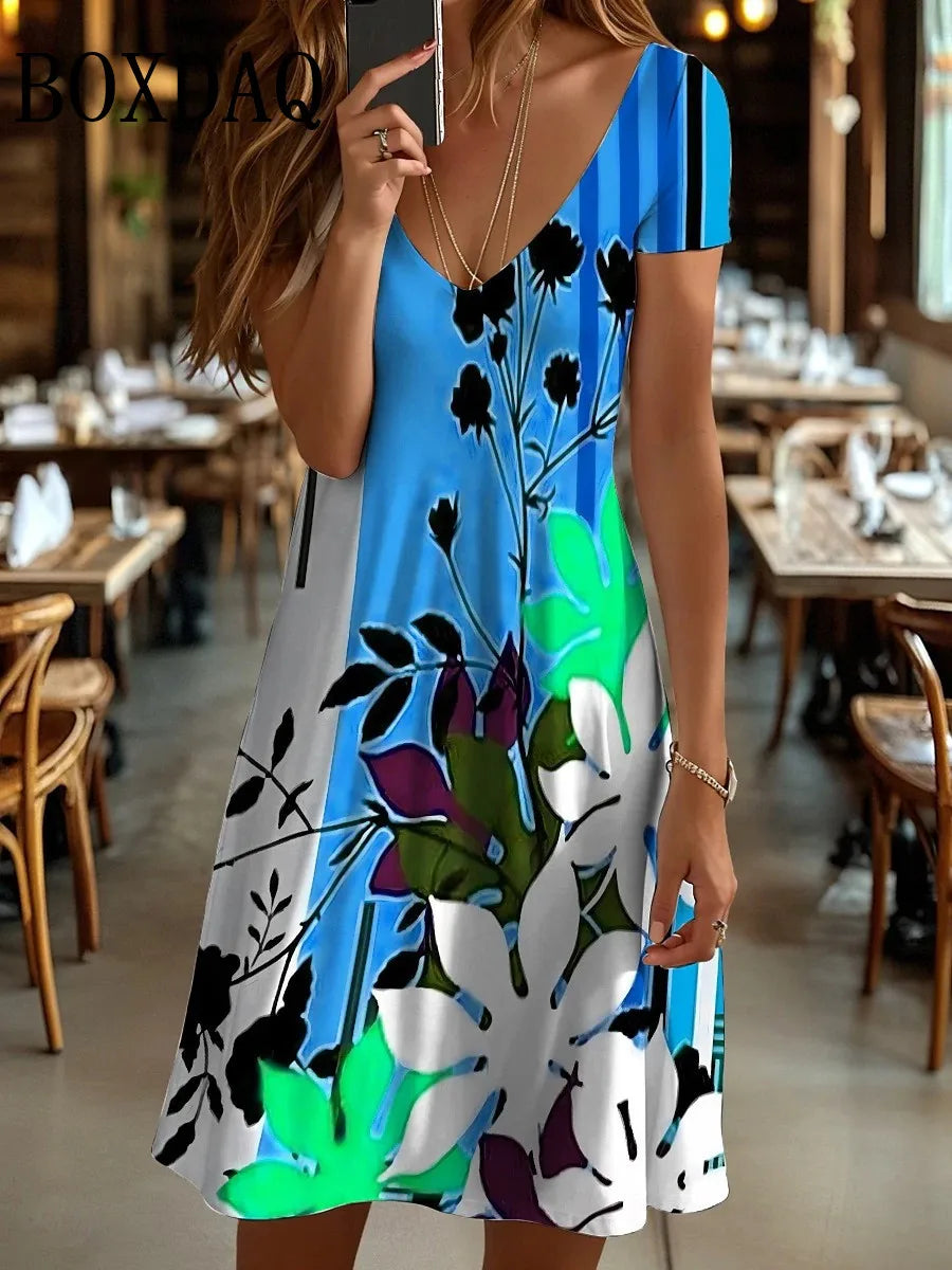Casual Plant Flower 3D Print Dresses For Women 2025 Summer Retro Short Sleeve V-Neck Midi Dress Fashion Loose Plus Size Clothing