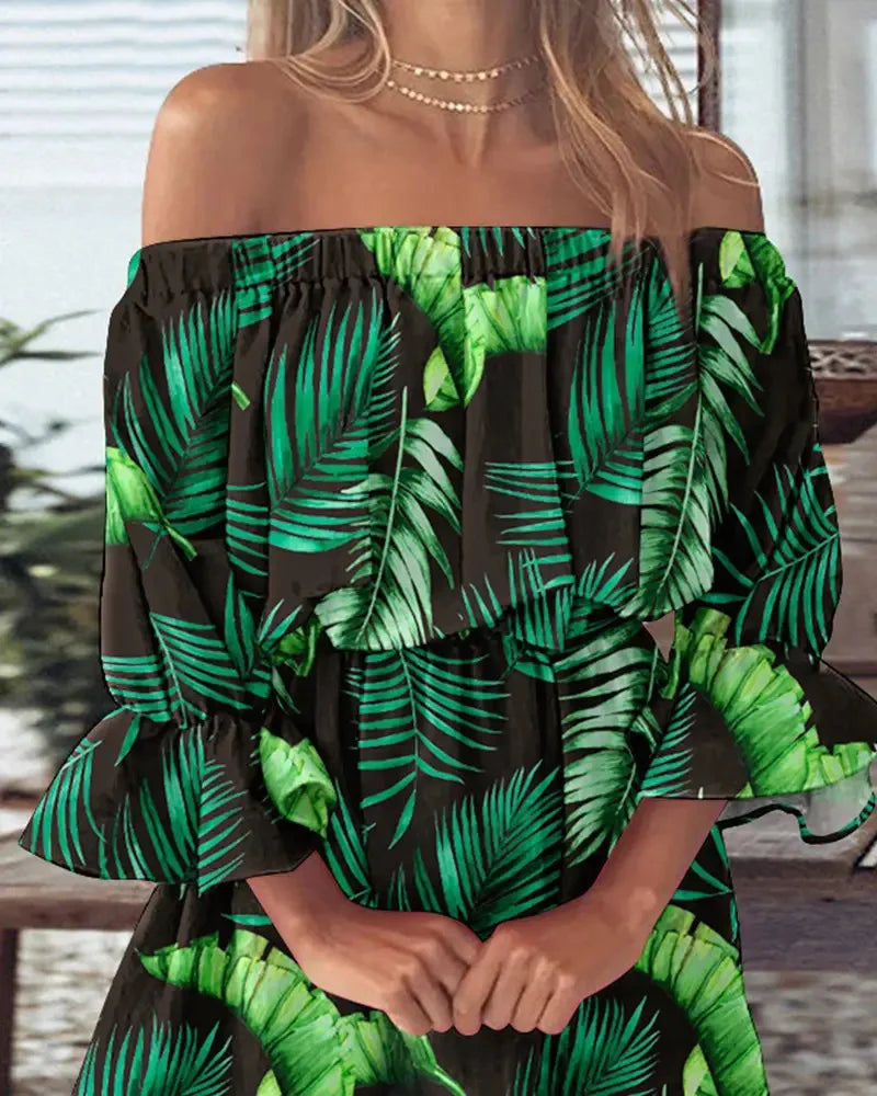 Women's Off Shoulder Ruffle Hem Mini Dress with Puff Sleeves and Floral/Feather/Tropical Print for Summer Beach or Party Wear