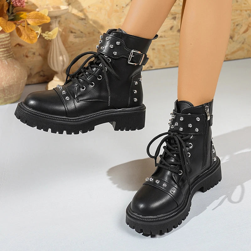 Rivet Punk Ankle Boots – Lace-Up Platform