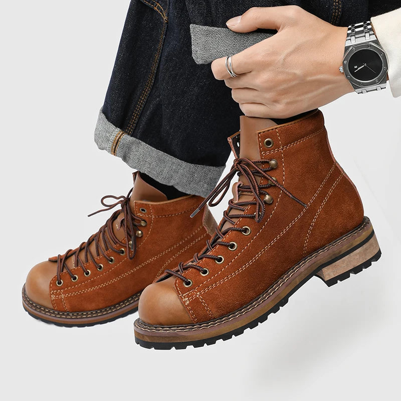 Men's Vintage High-Top Ankle Boots - British Style Split Leather Lace-Up Work Boots