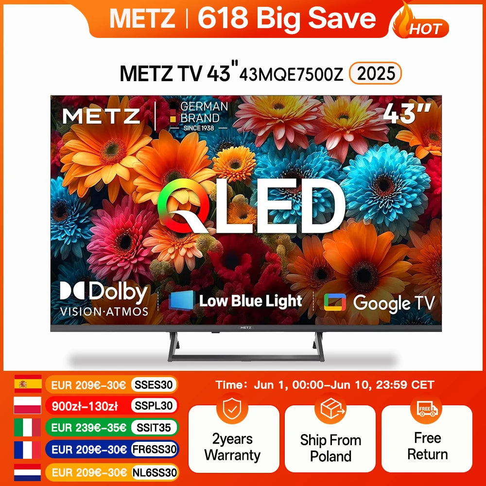 METZ 43" QLED 4K Smart TV – Google TV Dolby Vision