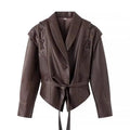 Mauroicardi Spring Autumn Short Retro Brown Pu Leather Jacket Women Sashes Lace Up Luxury Designer Emo Clothes European Fashion