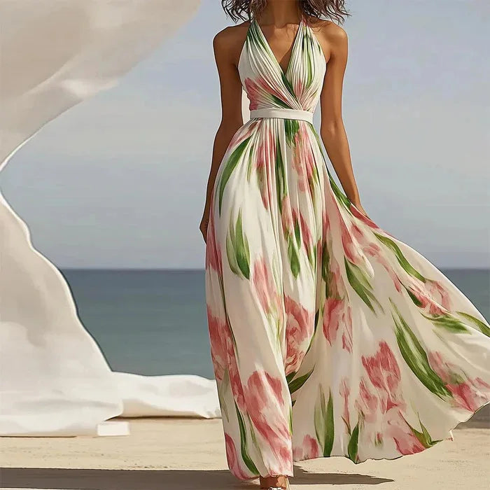 2026 European and American Fashion Sleeveless V-neck Digital Printed Belt Long Skirt Dress
