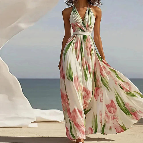 2026 European and American Fashion Sleeveless V-neck Digital Printed Belt Long Skirt Dress