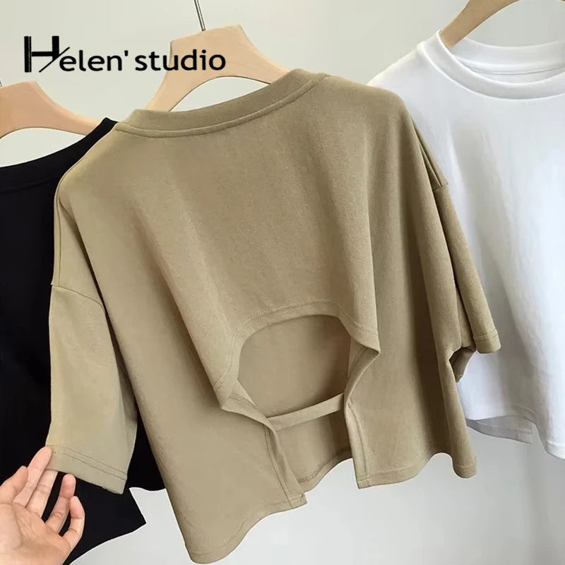 Summer Vintage Women's Short Sleeve Tee Korean Casual Backless Overside T-Shirt Round Neck Short-Sleeved Crop Tops Y2k Brown Top