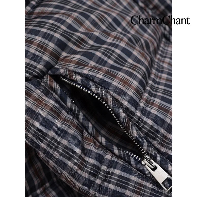 Plaid Puffer Jacket – Stand Collar Padded Coat