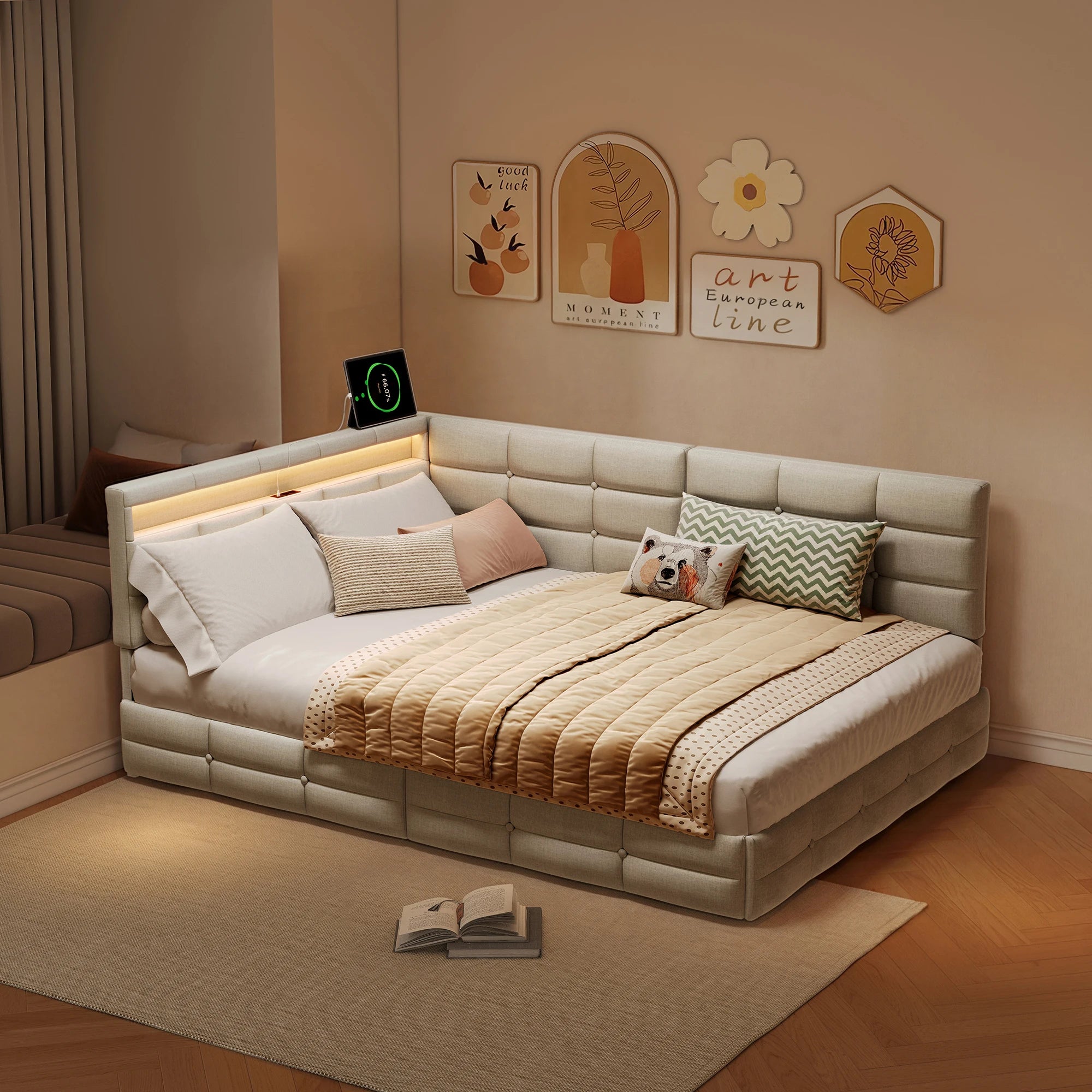 L-Shaped Upholstered Bed Frame – USB, LED & Storage